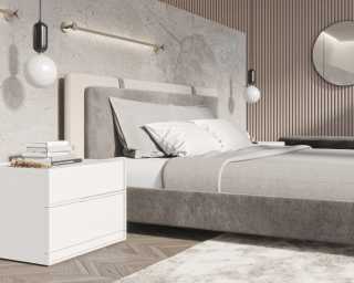 Abigail Bed -Milan Grey featuring Hunter Collection - White Glossy Lacquer and Angelo Bench is Black Velvet 