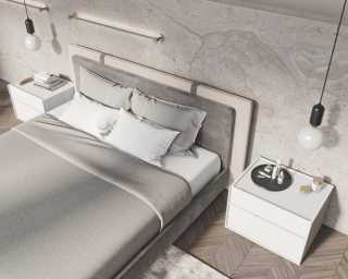 Abigail Bed -Milan Grey featuring Hunter Collection - White Glossy Lacquer and Angelo Bench is Black Velvet 