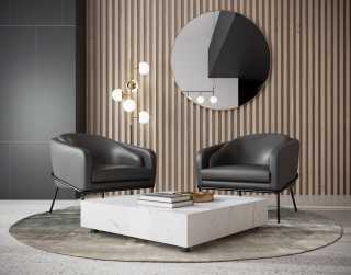 Angelo Lounge Chair - trento black with liza coffee table 40x40 and Mila round mirror - brass