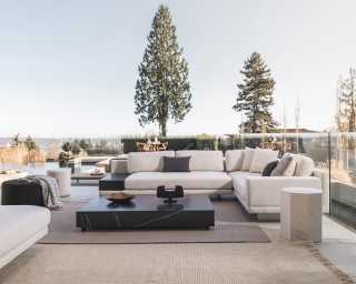 Dresden Outdoor Sectional Scene featuring Outdoor Liza Coffee Table and Nova Outdoor Poufs Dresden Outdoor Sectional Scene featuring Outdoor Liza Coffee Table and Nova Outdoor Poufs