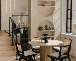 Athena Dining Table with Javert Side Chairs in peal boucle Athena Dining Table with Javert Side Chairs in peal boucle